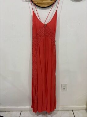 Free People Coral Red Lace-Panel Maxi Dress